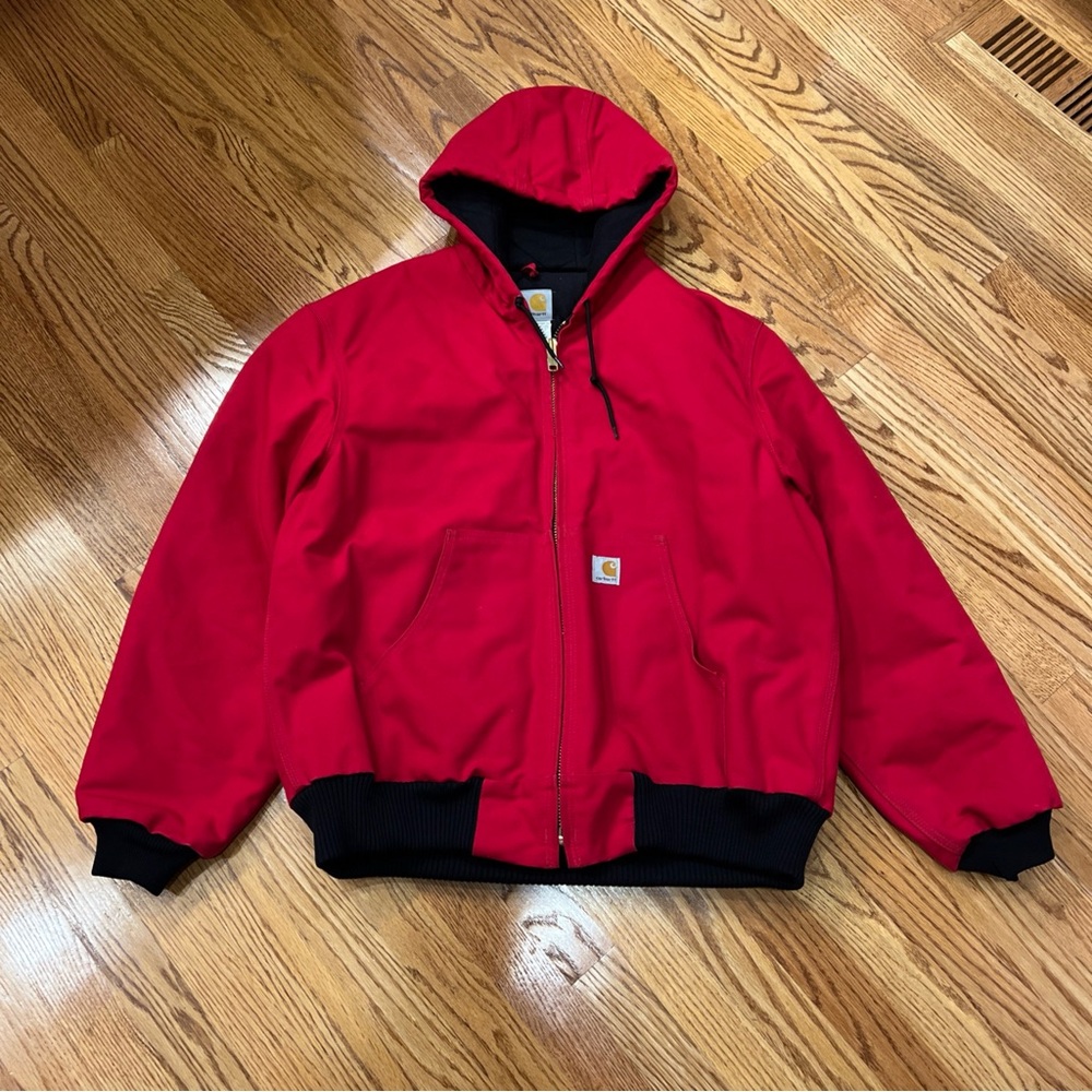 Vintage Carhartt J140 Full RED Hooded Canvas Work Jacket Large Quilt Lined Coat